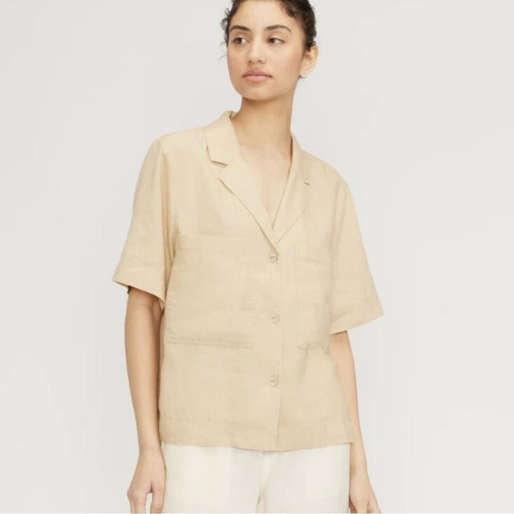 Everlane Linen Safari Utility Button Up Short Sleeve Work Shirt Tan Large